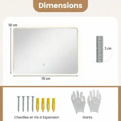 LED kúpeľňové zrkadlo s protizamlžovacím efektom, stmievateľné osvetlené kozmetické zrkadlo 70 x 50 cm
