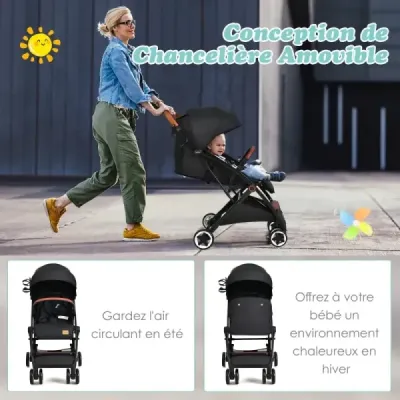 Skladací kočík Cestovný kočík s nastaviteľnou opierkou chrbta a strieškou Kočík s držiakom na pohár Black