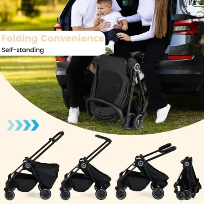 Skladací kočík s obojstranným sedadlom Cestovný kočík s nastaviteľnou opierkou chrbta Black