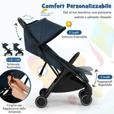 Skladací kočík, cestovný kočík s funkciou polohovania, prenosný kočík s nastaviteľnou opierkou chrbta, nosnosť do 15 kg, modrý