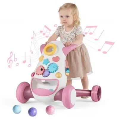 Detský chodítko Baby Walker s hudbou a svetlom Pomocník na chôdzu s triedičom tvarov, rotujúcimi ozubenými kolesami, ružový