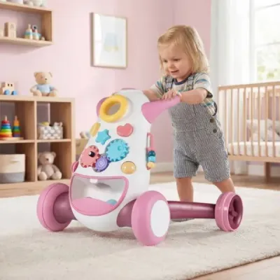 Detský chodítko Baby Walker s hudbou a svetlom Pomocník na chôdzu s triedičom tvarov, rotujúcimi ozubenými kolesami, ružový