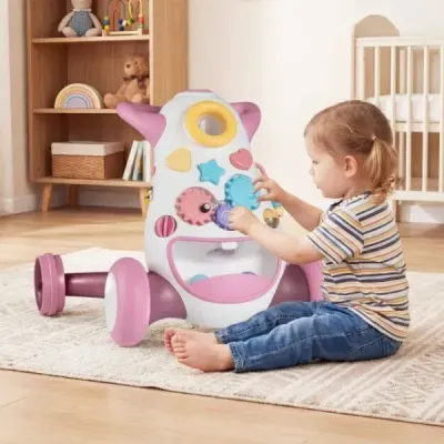 Detský chodítko Baby Walker s hudbou a svetlom Pomocník na chôdzu s triedičom tvarov, rotujúcimi ozubenými kolesami, ružový
