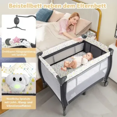 Cestovná postieľka 3v1 s rozkladacím bočným lôžkom a farebnou hracou skrinkou na zavesenie na matrac