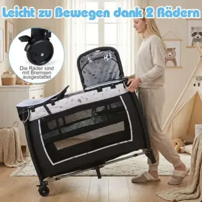 5 v 1 detská cestovná postieľka s prebaľovacím pultom, kolískou, matracom a 2 hračkami Skladacie detské lôžko Béžová