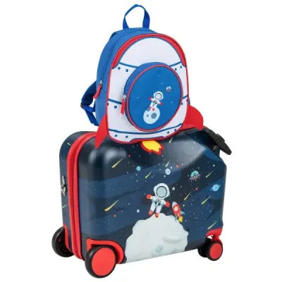 2-dielny detský kufor + batoh 47 cm dlhý kufor na kolieskach a 30 cm široký batoh 12"+18" astronauti