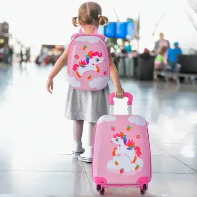2-dielny detský kufor + plastový batoh detský vozík detská batožina 12"+16" ružový jednorožec