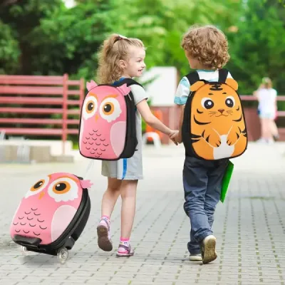 2 TLG detský kufor a batoh s kolieskami a 3-stupňovou teleskopickou rukoväťou 12"+16" detský vozík sova