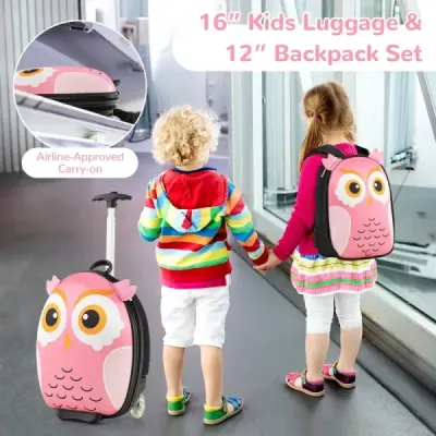 2 TLG detský kufor a batoh s kolieskami a 3-stupňovou teleskopickou rukoväťou 12"+16" detský vozík sova