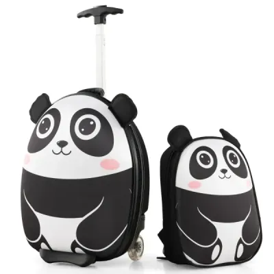 2 TLG detský kufor a batoh s kolieskami a 3-stupňovou teleskopickou rukoväťou 12"+16" detský vozík panda