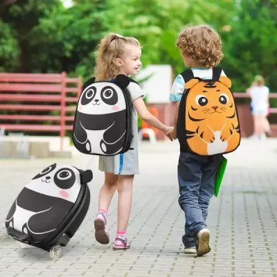 2 TLG detský kufor a batoh s kolieskami a 3-stupňovou teleskopickou rukoväťou 12"+16" detský vozík panda