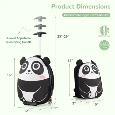 2 TLG detský kufor a batoh s kolieskami a 3-stupňovou teleskopickou rukoväťou 12"+16" detský vozík panda