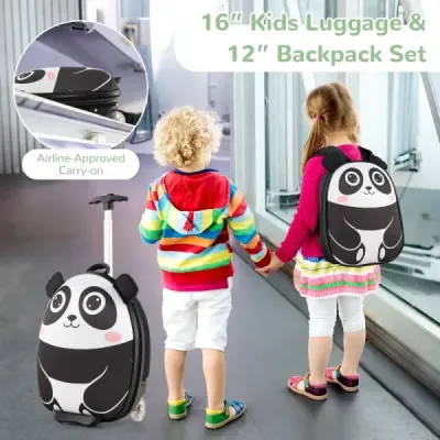 2 TLG detský kufor a batoh s kolieskami a 3-stupňovou teleskopickou rukoväťou 12"+16" detský vozík panda
