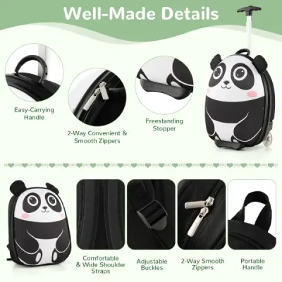 2 TLG detský kufor a batoh s kolieskami a 3-stupňovou teleskopickou rukoväťou 12"+16" detský vozík panda