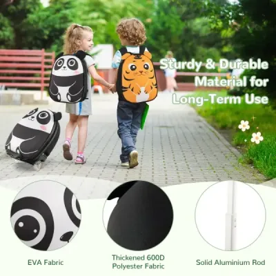 2 TLG detský kufor a batoh s kolieskami a 3-stupňovou teleskopickou rukoväťou 12"+16" detský vozík panda