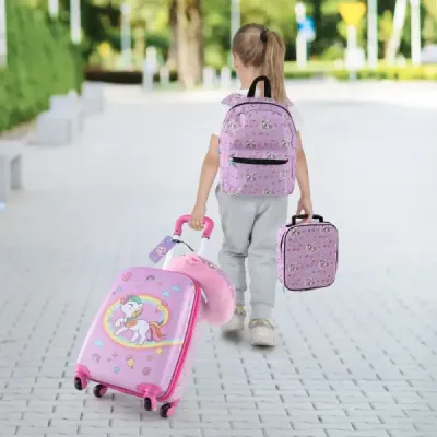5-dielna detská batožinová súprava 16-palcový kufor na kolieskach s batohom a vankúšom na krk a príveskom na batožinu a obedárom - svetloružová