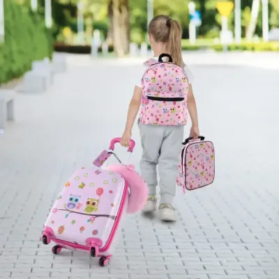5-dielna detská batožinová súprava 16-palcový kufor na kolieskach s batohom a vankúšom na krk a príveskom na batožinu a obedárom - svetloružová