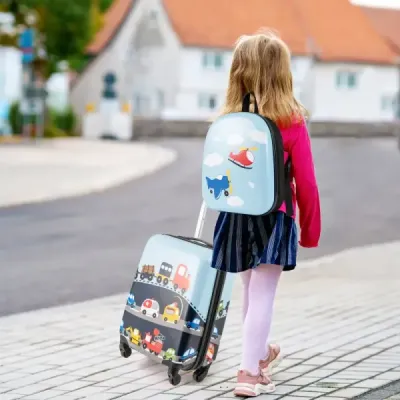 2-dielna sada detských kufrov, detská batožina s kolieskami, 16" príručná batožina a 13" batoh s pevnou škrupinou, modrá transportná