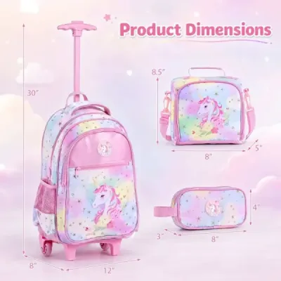 Detský školský batoh Unicorn s kolieskami, 3-dielna sada batohov na kolieskach Unicorn Multicolor M
