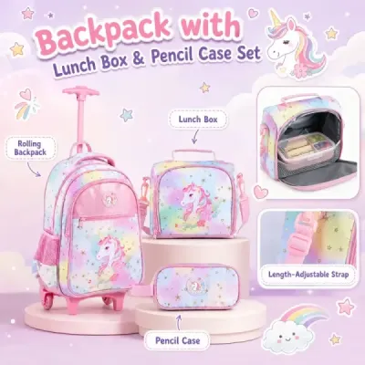 Detský školský batoh Unicorn s kolieskami, 3-dielna sada batohov na kolieskach Unicorn Multicolor M