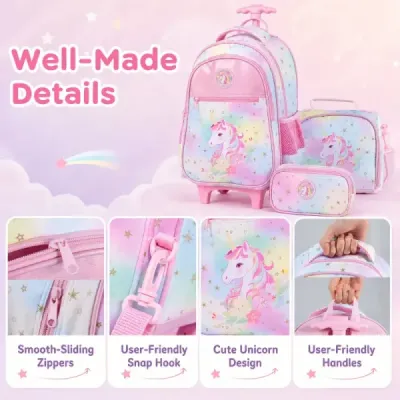 Detský školský batoh Unicorn s kolieskami, 3-dielna sada batohov na kolieskach Unicorn Multicolor M