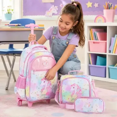 Detský školský batoh Unicorn s kolieskami, 3-dielna sada batohov na kolieskach Unicorn Multicolor M