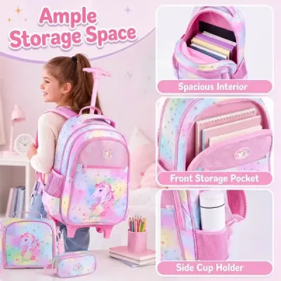 Detský školský batoh Unicorn s kolieskami, 3-dielna sada batohov na kolieskach Unicorn Multicolor M