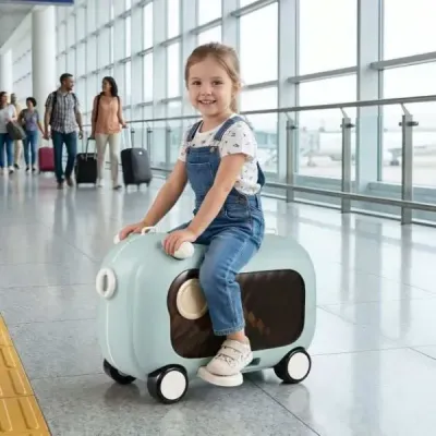 Pohyblivý kufor pre malé deti s kolieskami, sklopnými bočnými pedálmi a sedadlom, nosnosť 25 kg, modrý