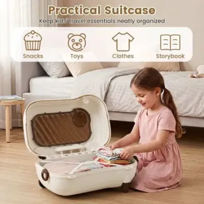 Pohyblivý kufor pre malé deti s kolieskami, sklopnými bočnými pedálmi a sedadlom, nosnosť 25 kg, hnedý