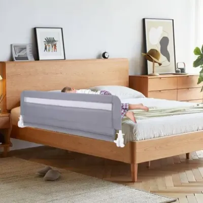 Zábrana na posteľ pre batoľatá 120 cm skladacia zábrana na detskú posteľ so snímateľným a prateľným poťahom Sivá