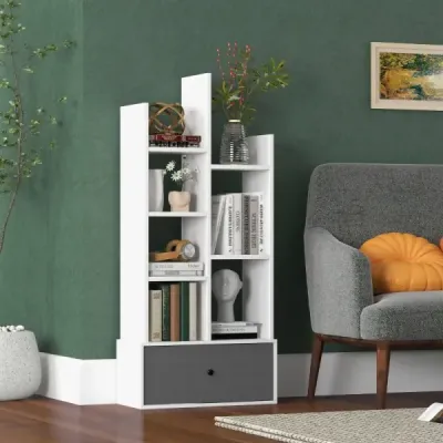 7-poschodová otvorená knižnica so zásuvkou 53 x 24 x 118 cm biela