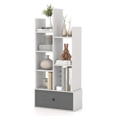 7-poschodová otvorená knižnica so zásuvkou 53 x 24 x 118 cm biela