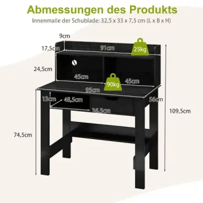 Písací stôl s elektrickými zásuvkami Malý počítačový stôl s hornou doskou 95 x 56 x 109,5 cm Čierny