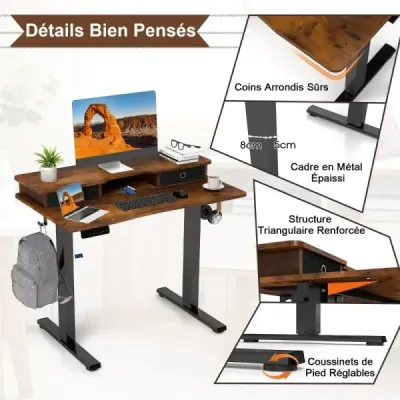 Výškovo nastaviteľný elektrický počítačový stôl Stojaci stôl s podstavcom na monitor 100 x 60 cm Hnedý