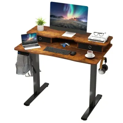 Výškovo nastaviteľný elektrický počítačový stôl Stojaci stôl s podstavcom na monitor 100 x 60 cm Hnedý