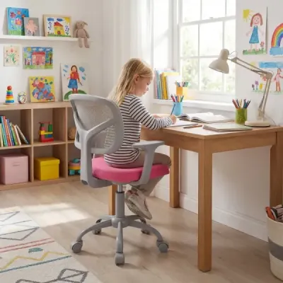 Ergonomická detská stolička k písacímu stolu s nastaviteľnou výškou a samozamykacími kolieskami, tmavo ružová