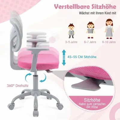 Ergonomická detská stolička k písacímu stolu s nastaviteľnou výškou a samozamykacími kolieskami, tmavo ružová
