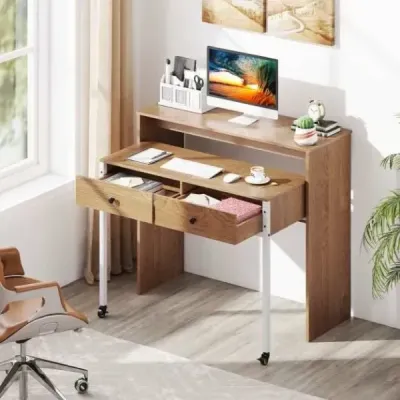 Rozťahovací stôl malý počítačový stôl s 2 zásuvkami a kolieskami 100 x 63 x 88 cm prírodný