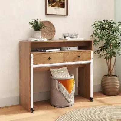 Rozťahovací stôl malý počítačový stôl s 2 zásuvkami a kolieskami 100 x 63 x 88 cm prírodný