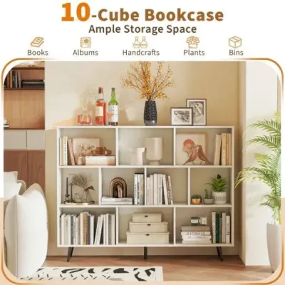 Knižnica s priehradkami, stojaca polica s 3 úrovňami a drevenými nohami, kocková polica, kancelárska polica 140 cm