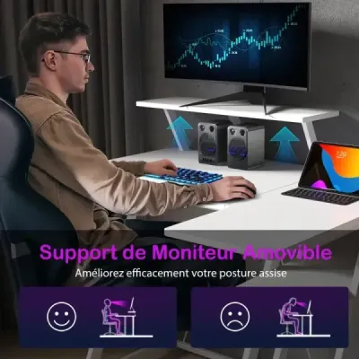 Herný stôl v tvare L s elektrickými zásuvkami a USB portmi, s policou na monitor – biely