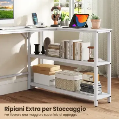Počítačový stôl v tvare L s nabíjacou stanicou a úložnými priestormi moderný herný stôl biely