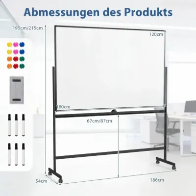 Prenosná biela tabuľa – obojstranná magnetická tabuľa so stojanom a nastaviteľnou výškou, čierna