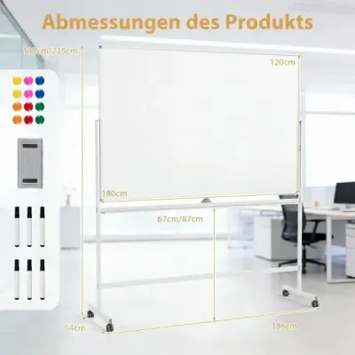 Mobilná biela tabuľa, obojstranná magnetická tabuľa so stojanom a nastaviteľnou výškou, biela