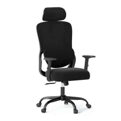 Ergonomická kancelárska stolička s nastaviteľnou opierkou hlavy a bedrovou opierkou, čierna