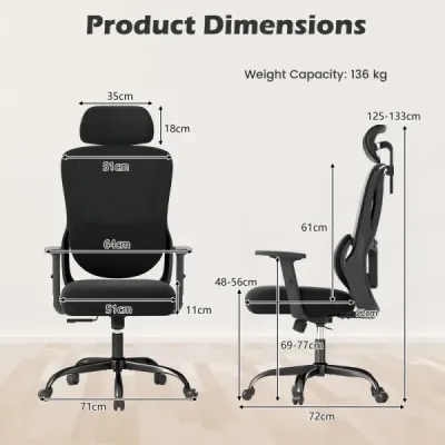 Ergonomická kancelárska stolička s nastaviteľnou opierkou hlavy a bedrovou opierkou, čierna