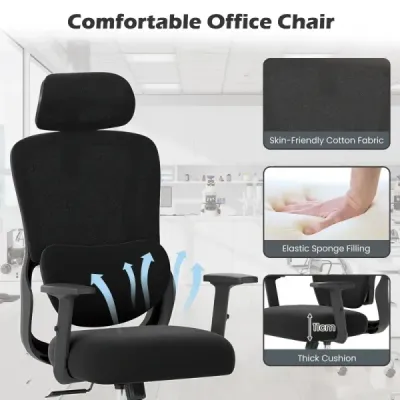 Ergonomická kancelárska stolička s nastaviteľnou opierkou hlavy a bedrovou opierkou, čierna
