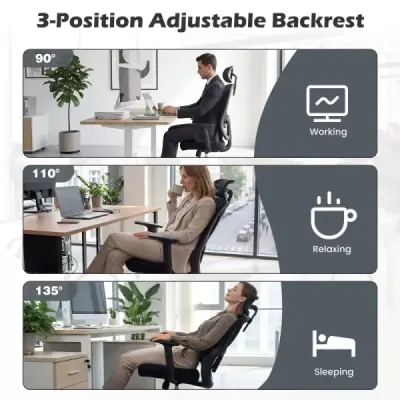 Ergonomická kancelárska stolička s nastaviteľnou opierkou hlavy a bedrovou opierkou, čierna
