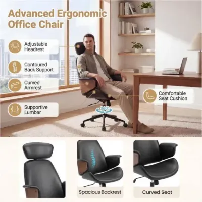 Ergonomická kancelárska stolička so zaoblenými podrúčkami, operadlom a opierkou hlavy. Kancelárske kreslo, otočné kreslo.