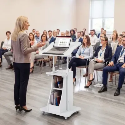 Rečnícky pultík, výškovo nastaviteľný, stôl na státie s kolieskami a skladacím stolom, mobilný stôl na státie, biely